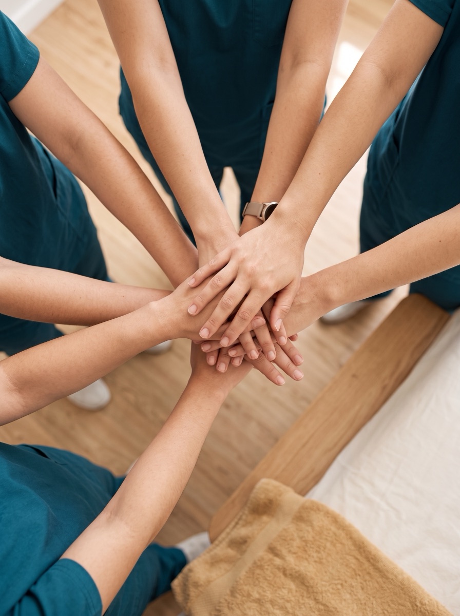 The Aligned Medical Massage care team with hands together before the day